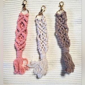 Three Macramé Keychain Purse Charm Bag Charm Set - Pink, Cream, and Taupe